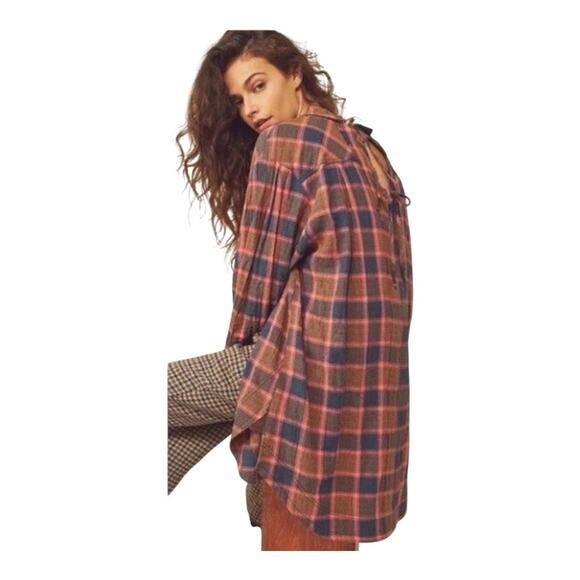 Free People Plaid Wild Side Tunic Flannel Size Medium Pink Brown - Picture 2 of 11